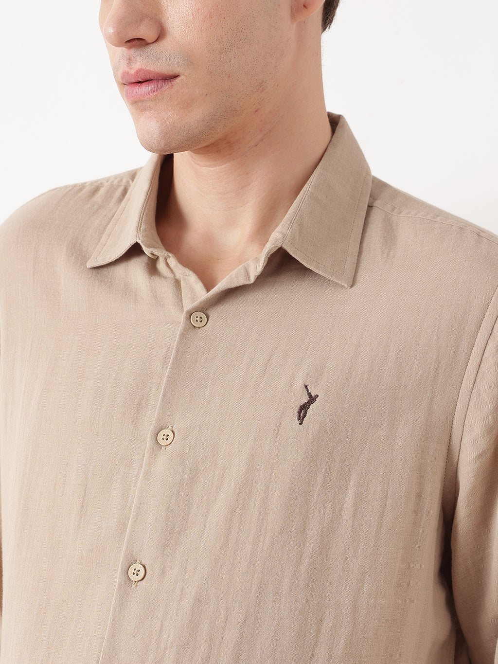 Beige Premium Regular Fit Long Sleeves Spread Collar Solid Cotton Casual Shirt For Men