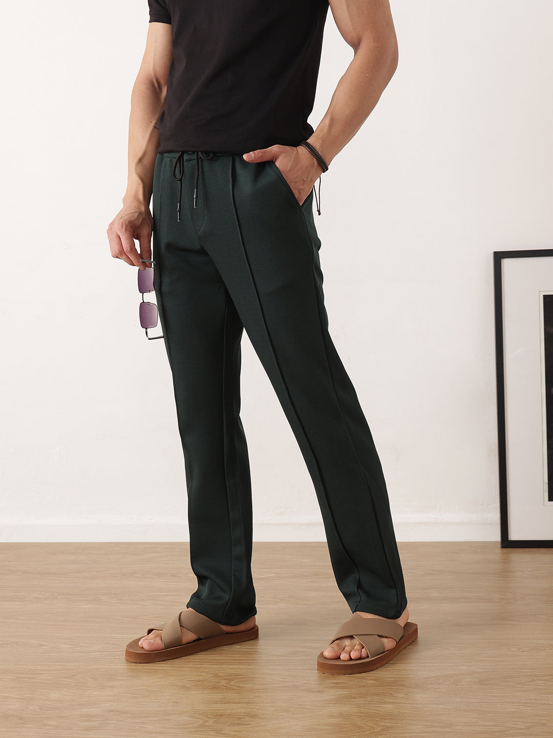Thomas Scott Men Green Smart Regular Fit Mid-Rise Textured Pleated Knitted Casual Trousers with Drawstring Closure