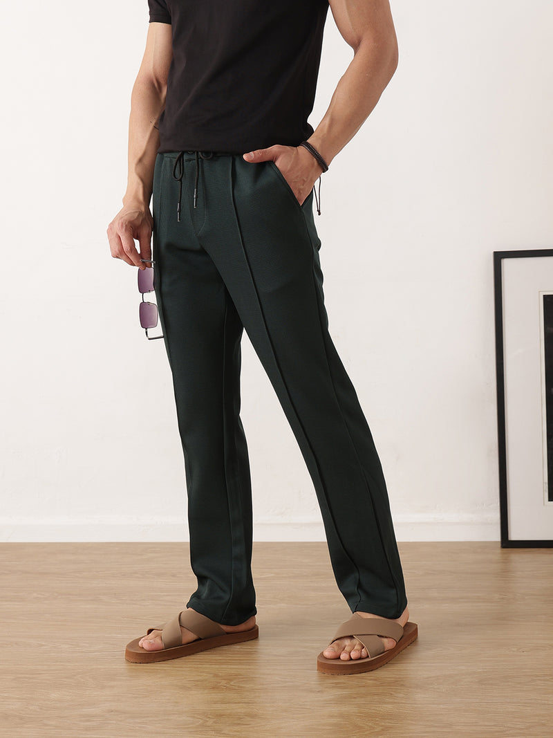Thomas Scott Men Green Smart Regular Fit Mid-Rise Textured Pleated Knitted Casual Trousers with Drawstring Closure
