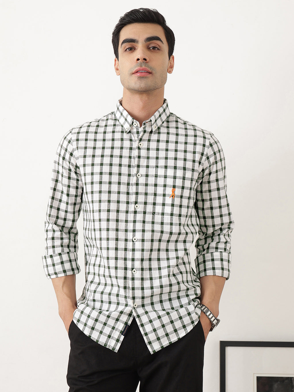 Thomas Scott Men Green Regular Fit Long Sleeves Gingham Checks Button Down Collar Cotton Linen Casual Shirts