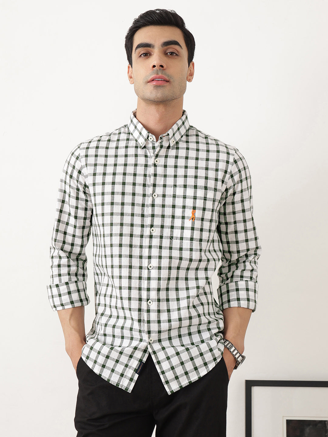 Thomas Scott Men Green Regular Fit Long Sleeves Gingham Checks Button Down Collar Cotton Linen Casual Shirts