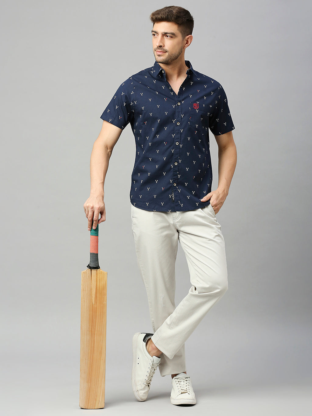 Thomas Scott Men Royal Navy Classic Short Sleeves Slim Fit Spread Collar Conversational Printed Cotton Casual Shirt