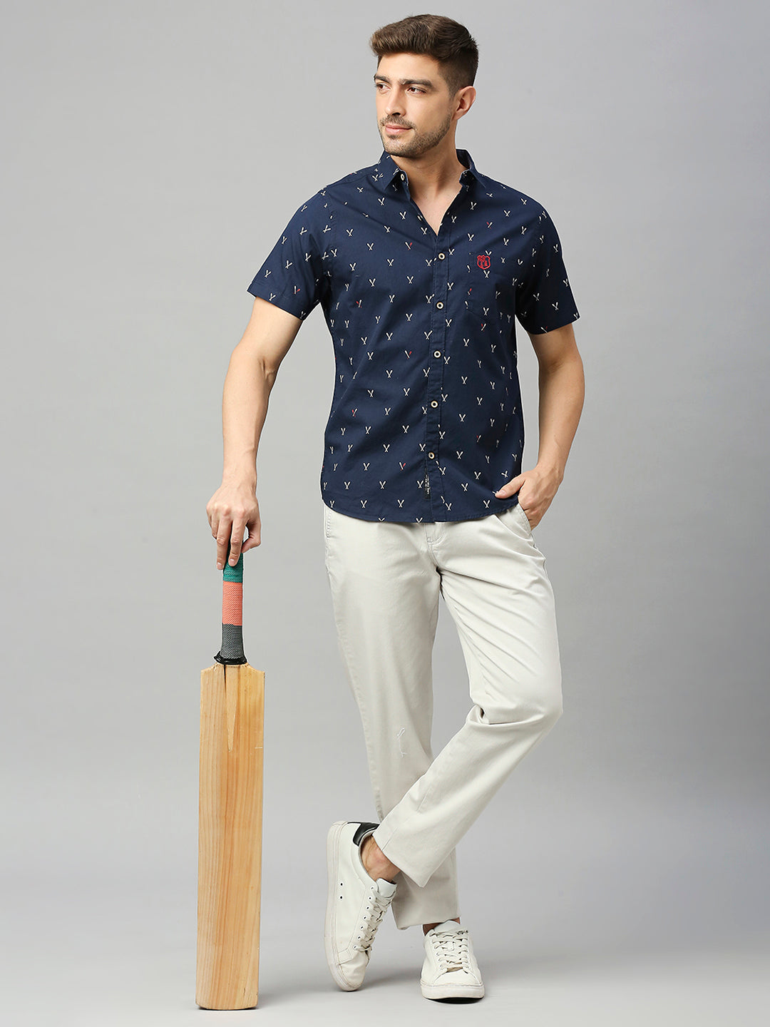 Thomas Scott Men Royal Navy Classic Short Sleeves Slim Fit Spread Collar Conversational Printed Cotton Casual Shirt