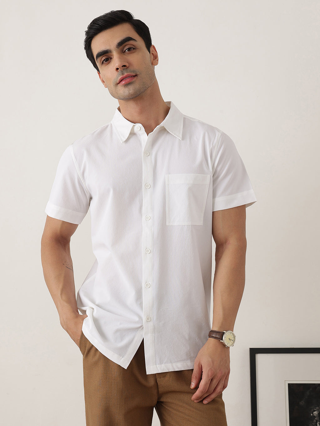 Thomas Scott Men Premium White Slim Fit Short Sleeves Spread Collar Solid Casual Shirt