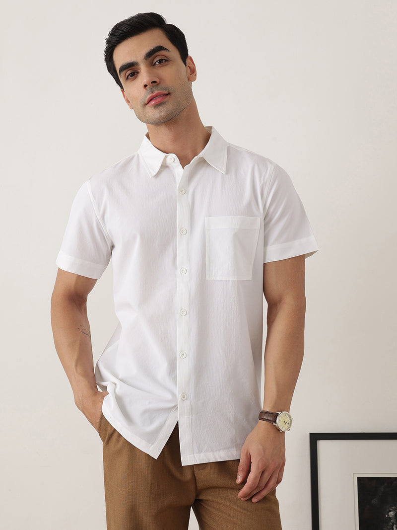 Thomas Scott Men Premium White Slim Fit Short Sleeves Spread Collar Solid Casual Shirt