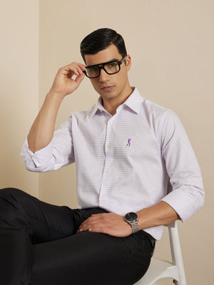 Thomas Scott Men Premium Violet Gingham Checks Cotton Formal Shirt with Spread Collar & Full Sleeves
