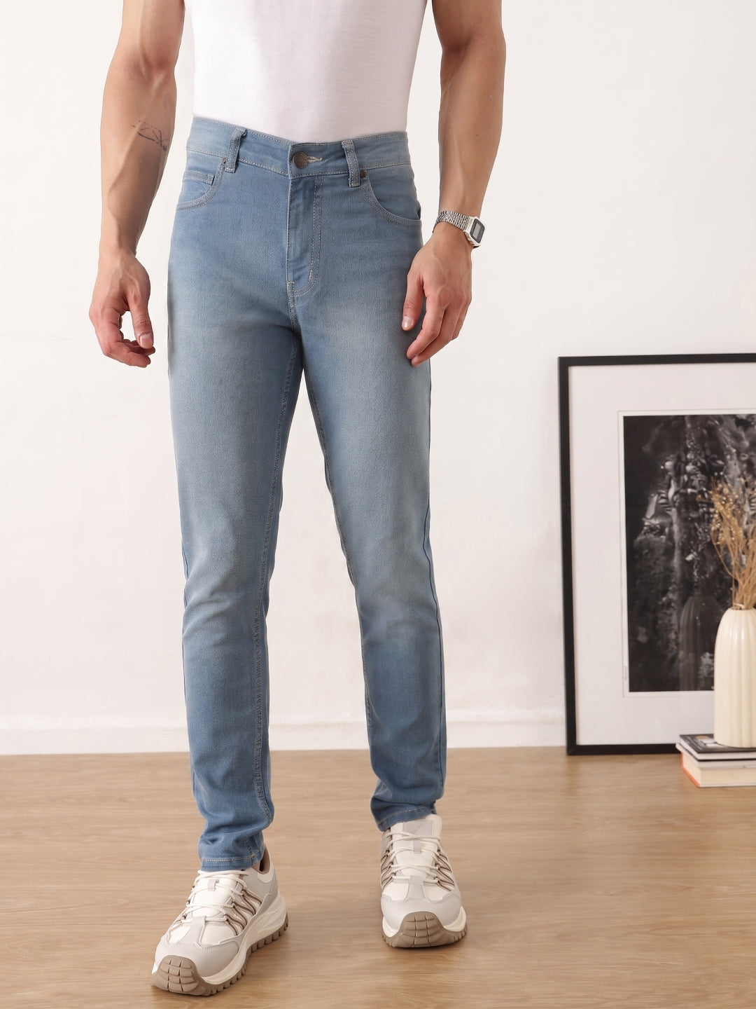 Thomas Scott Men Mid Blue Smart Skinny Fit Mid-Rise Clean Look Stretchable Jeans