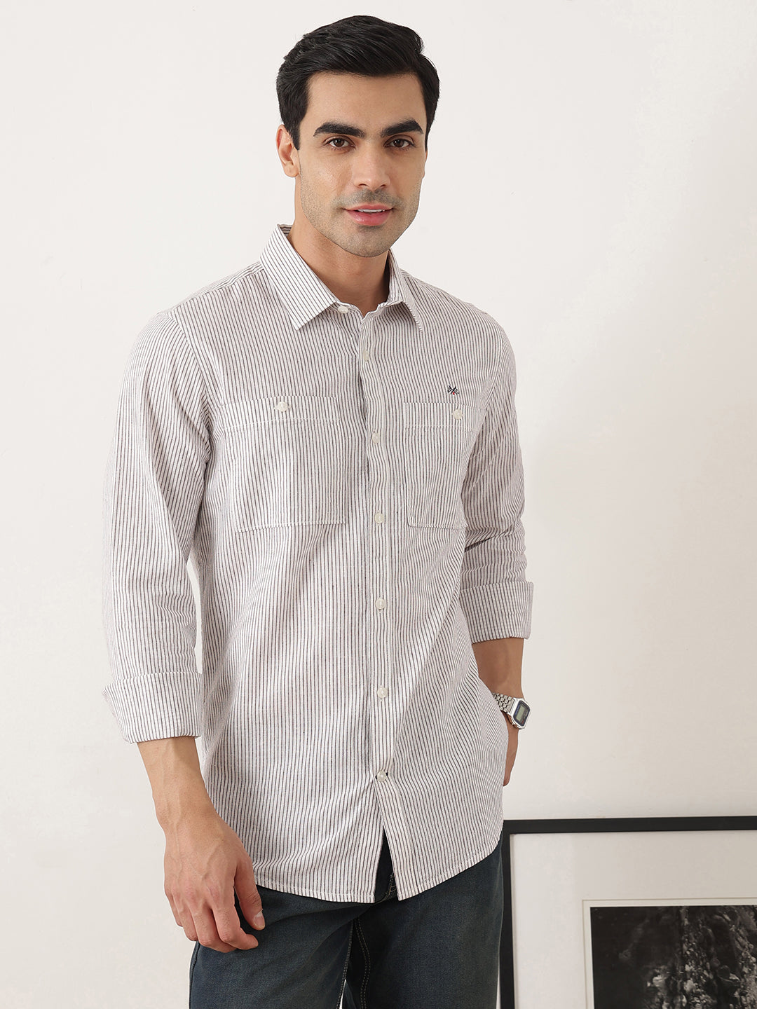 Thomas Scott Men Premium Maroon Regular Fit Long Sleeves Spread Collar Pinstripes Cotton Linen Casual Shirt