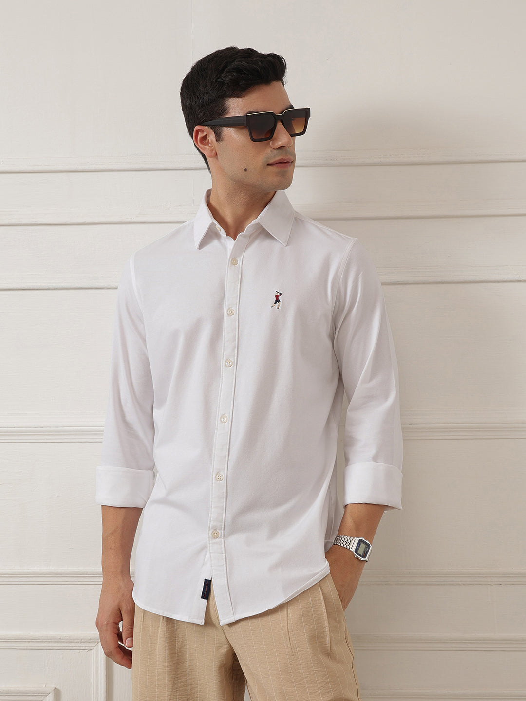 White Premium Regular Fit Spread Collar Full Sleeve Solid Cotton Casual Shirt For Men