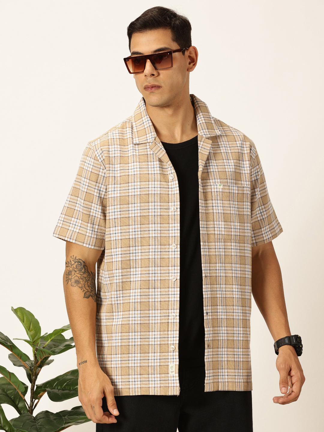 Thomas Scott Men Beige Premium Oversized Short Sleeves Tartan Checks Cuban Collar Casual Shirts