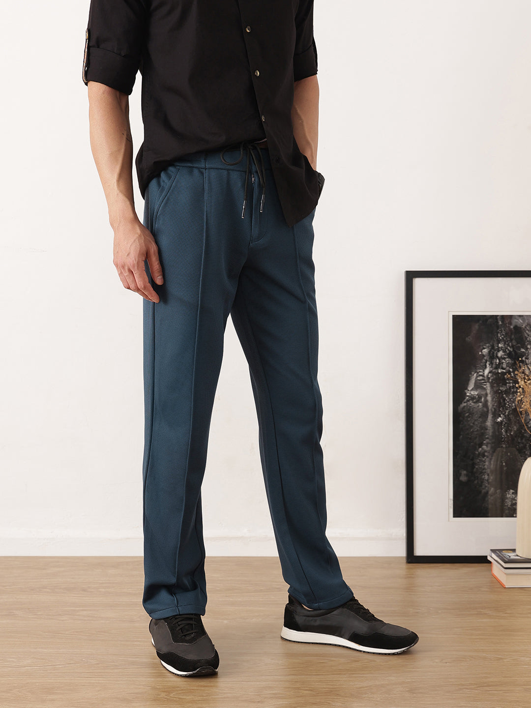 Thomas Scott Men Blue Smart Regular Fit Mid-Rise Textured Pleated Knitted Casual Trousers with Drawstring Closure