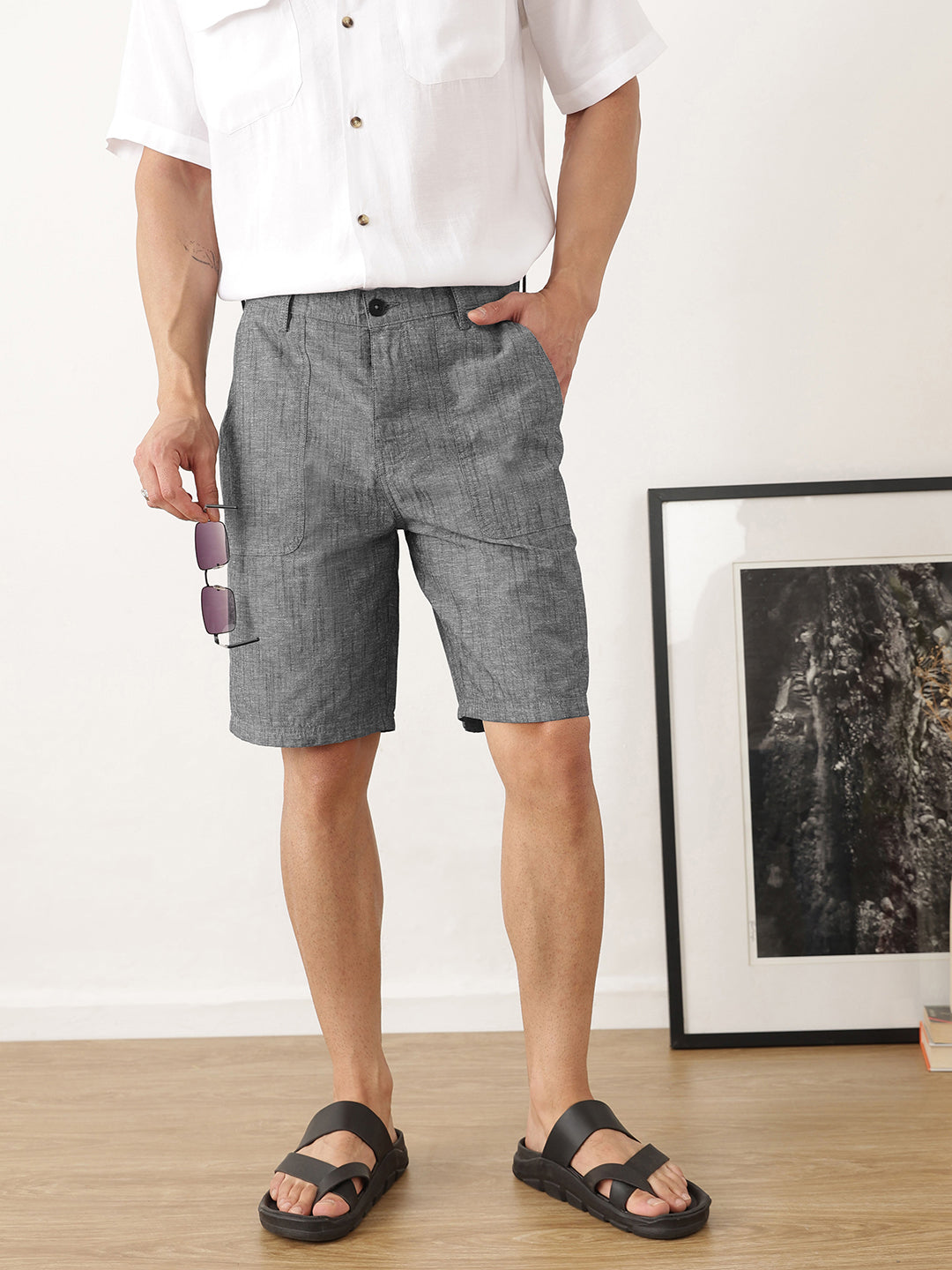 Thomas Scott Men Black Regular Fit Mid-Rise Solid Woven Cotton Linen Shorts