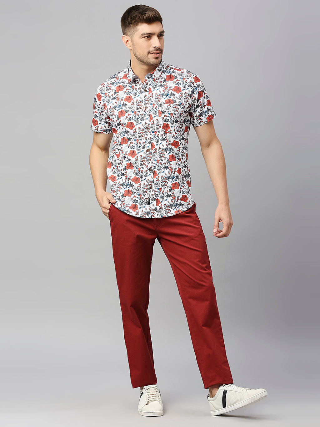Thomas Scott Men White 2 Classic Short Sleeves Slim Fit Spread Collar Floral Printed Cotton Casual Shirt