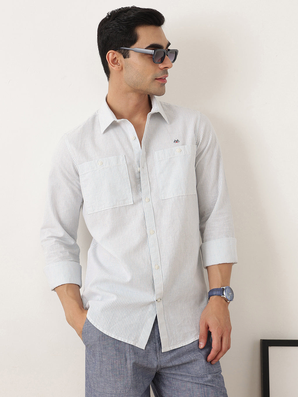 Thomas Scott Men Premium Blue Regular Fit Long Sleeves Spread Collar Pinstripes Cotton Linen Casual Shirt