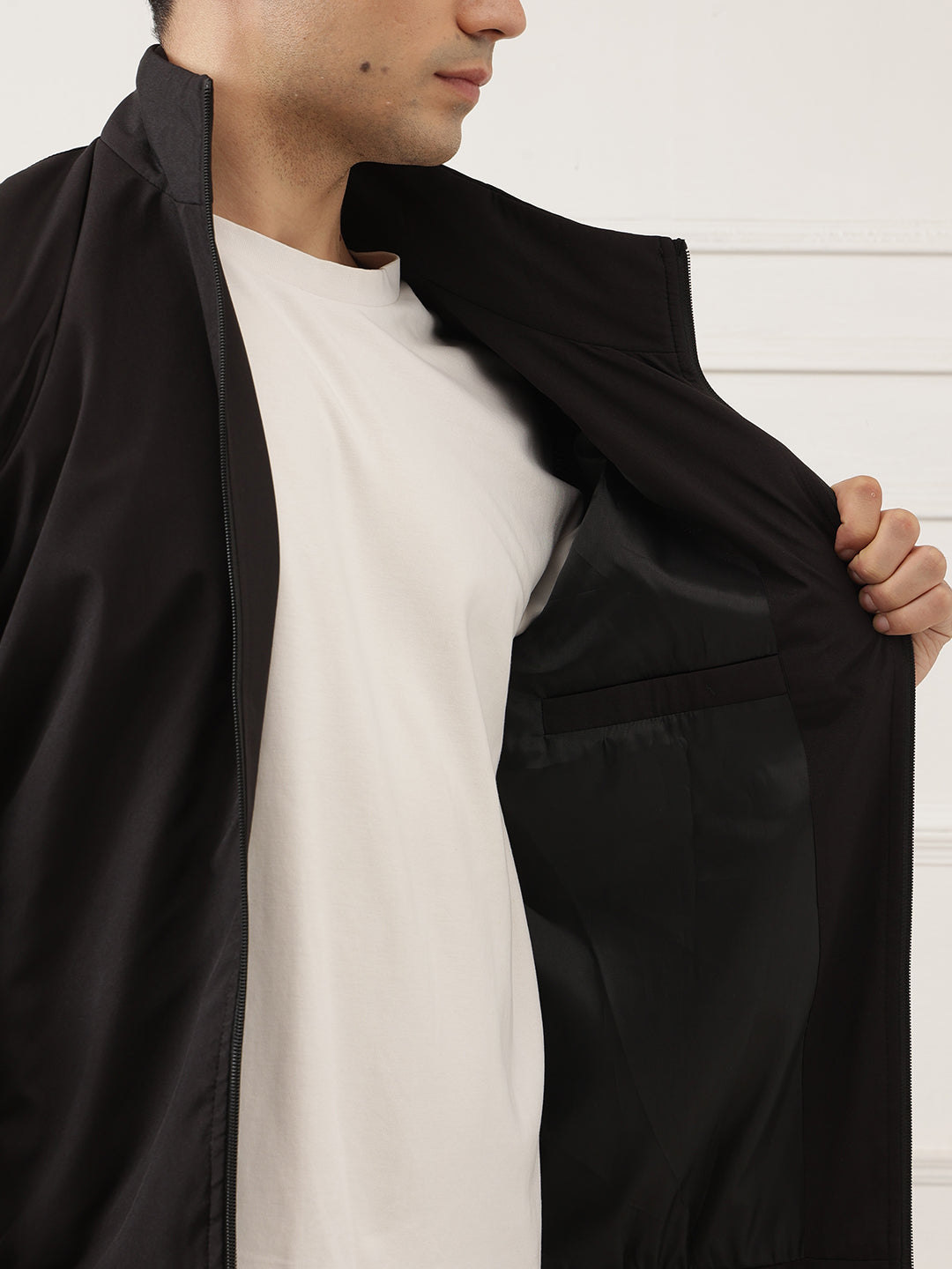 Black Regular Fit Solid Full Sleeves Stand Collar Zip-Front Casual Bomber Jacket For Men
