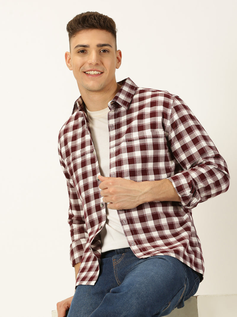 Thomas Scott Men Maroon Standard Long Sleeves Regular Fit Spread Collar Gingham Checked Cotton Casual Shirt