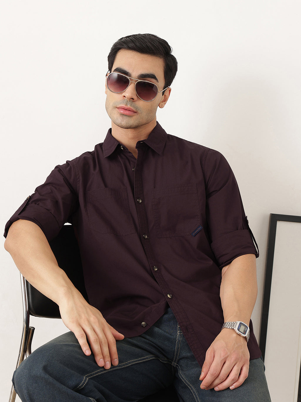 Thomas Scott Men Premium Wine Slim Fit Long Roll-Up Sleeves Spread Collar Solid Cotton Casual Shirts