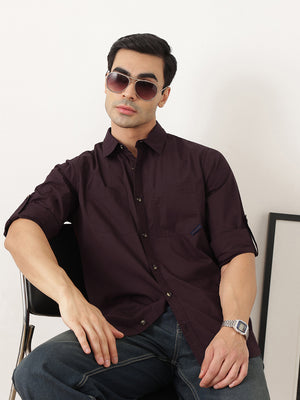 Thomas Scott Men Premium Wine Slim Fit Long Roll-Up Sleeves Spread Collar Solid Cotton Casual Shirts