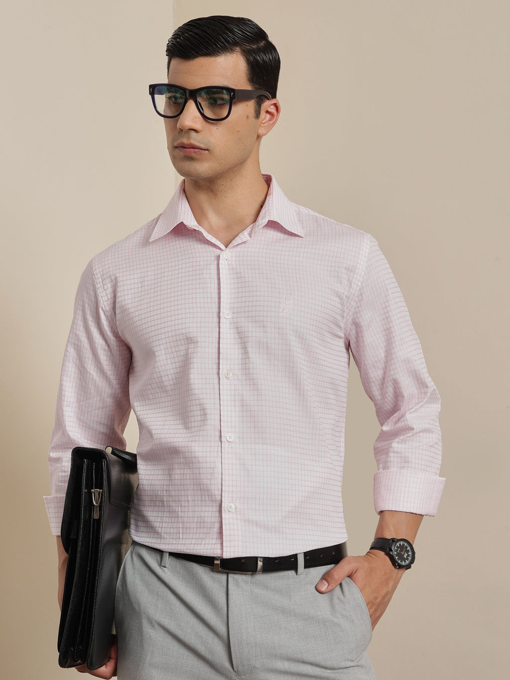 Thomas Scott Men Premium Pink Gingham Checks Cotton Formal Shirt with Spread Collar & Full Sleeves