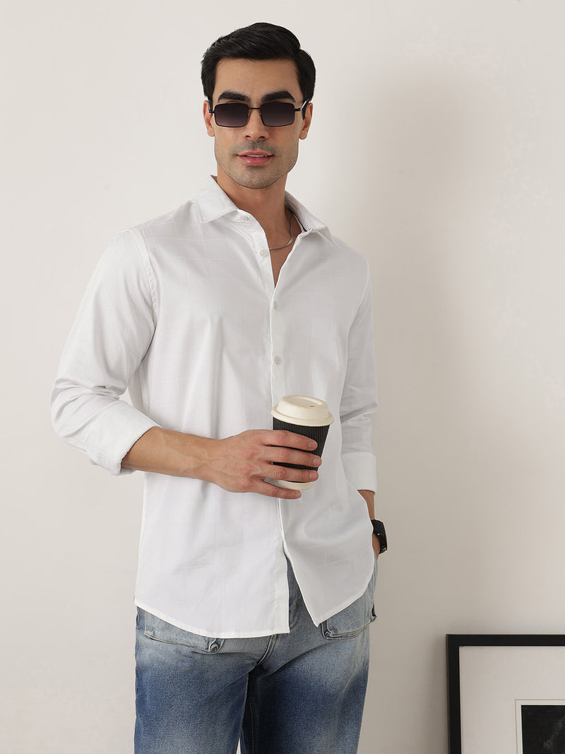 Thomas Scott Men Premium White Optical Regular Fit Long Sleeves Spread Collar Windowpane Checks Cotton Lycra Casual Shirt