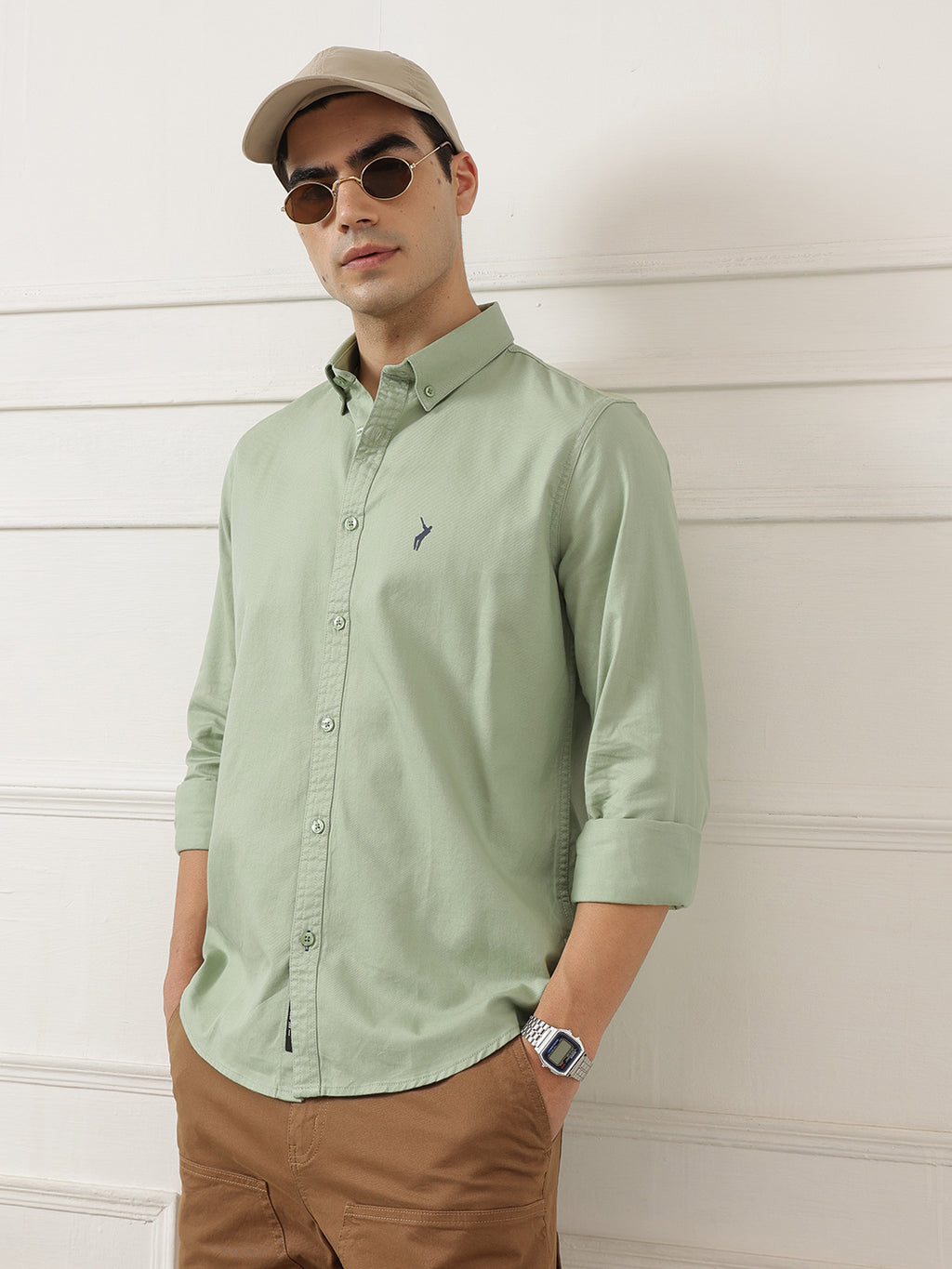 Light Green Premium Slim Fit Long Sleeves Button-Down Collar Solid Cotton Casual Shirt For Men