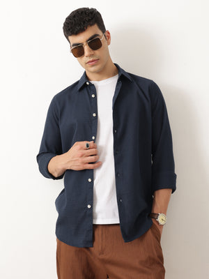 Thomas Scott Men Premium Navy Blue Regular Fit Long Sleeves Spread Collar Textured Casual Shirt
