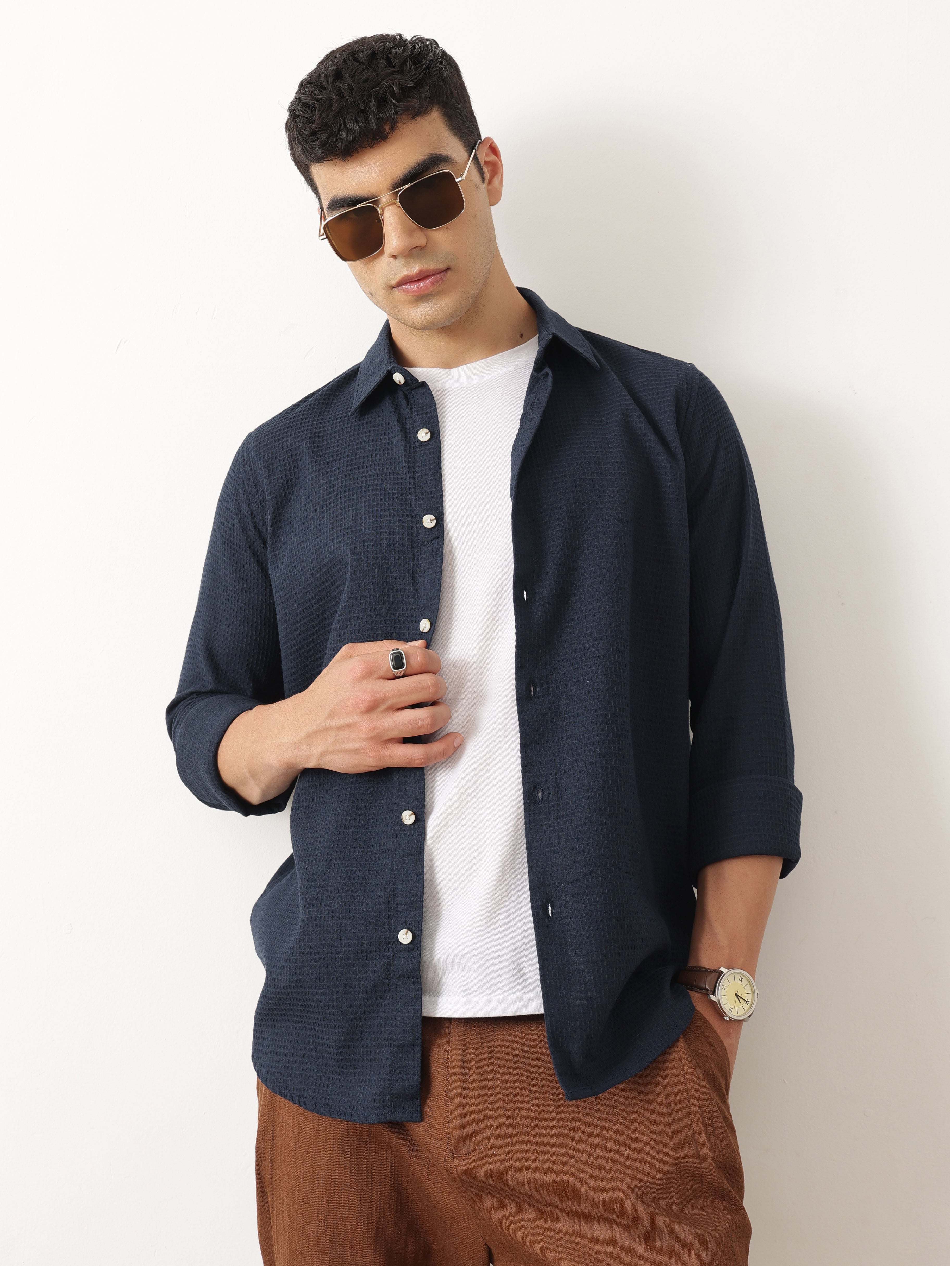 Thomas Scott Men Premium Navy Blue Regular Fit Long Sleeves Spread Collar Textured Casual Shirt
