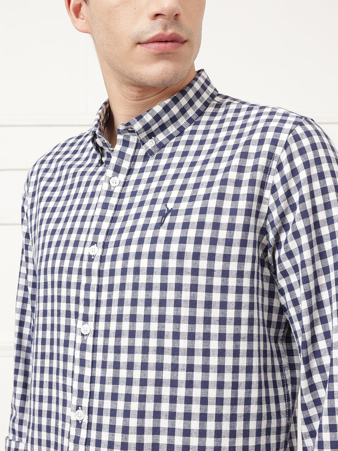 Navy Premium Regular Fit Gingham Checks Cotton Linen Shirt For Men