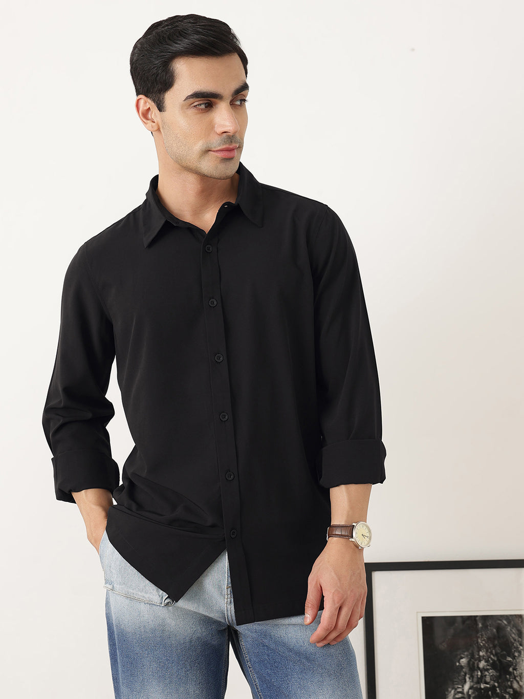 Thomas Scott Men Premium Black Slim Fit Long Sleeves Spread Collar Solid Casual Shirt