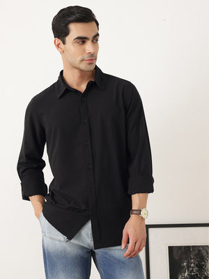 Thomas Scott Men Premium Black Slim Fit Long Sleeves Spread Collar Solid Casual Shirt