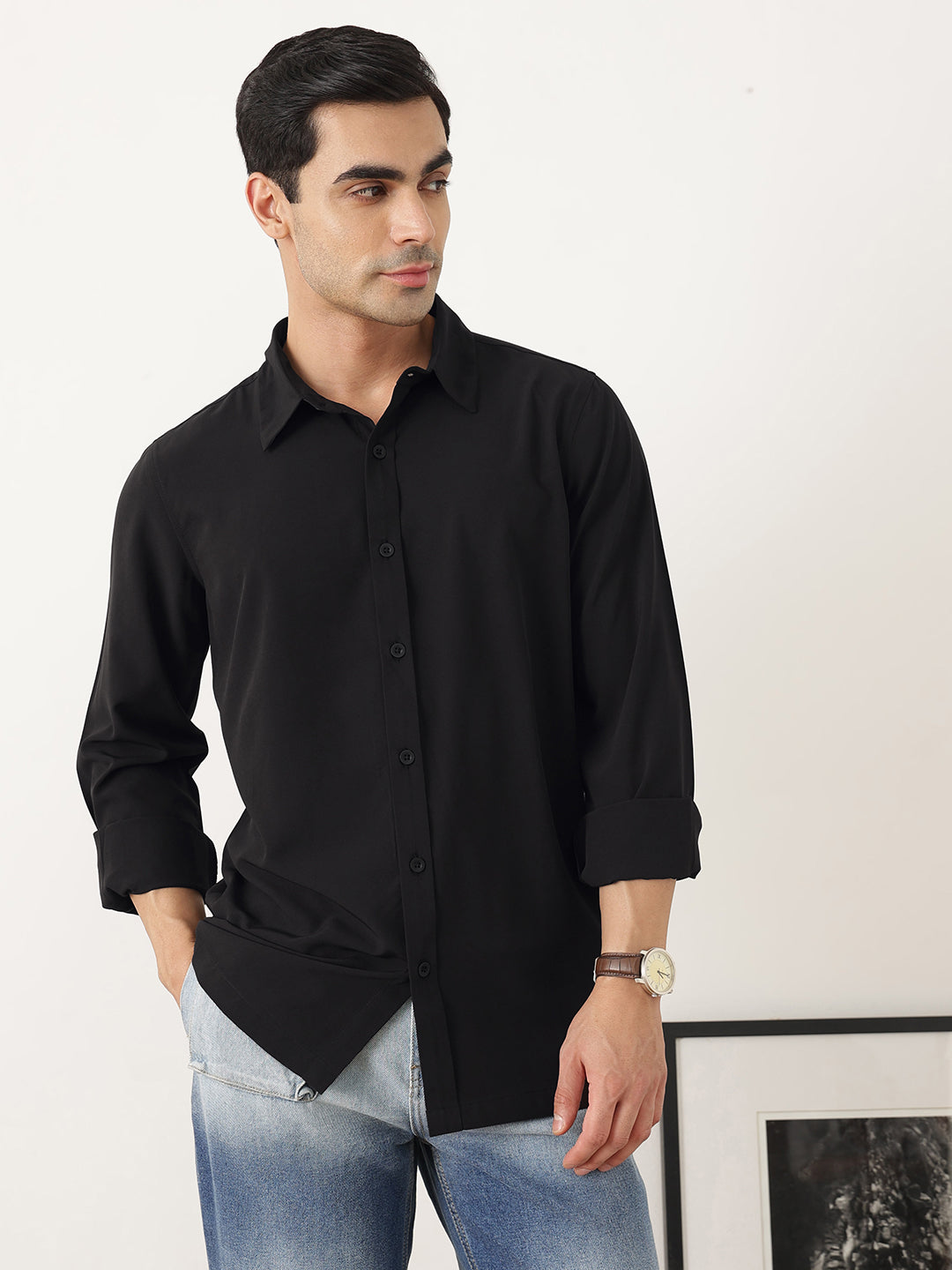 Thomas Scott Men Premium Black Slim Fit Long Sleeves Spread Collar Solid Casual Shirt