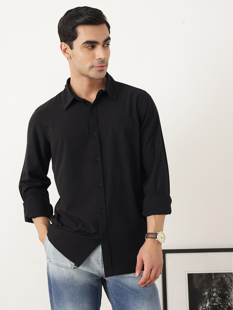 Thomas Scott Men Premium Black Slim Fit Long Sleeves Spread Collar Solid Casual Shirt