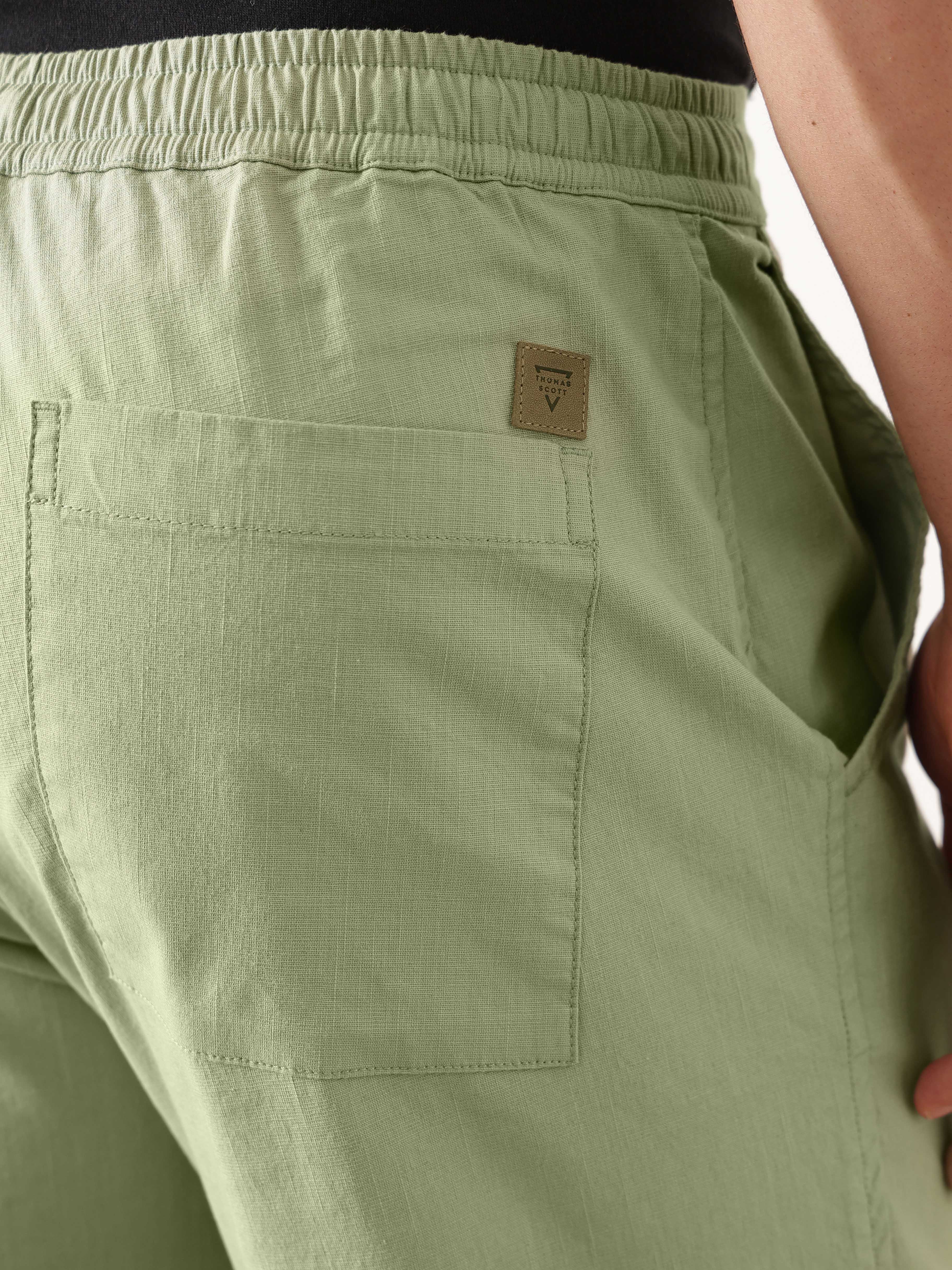 Thomas Scott Men Smart Olive Regular Fit Mid-Rise Solid Woven Cotton Linen Trouser