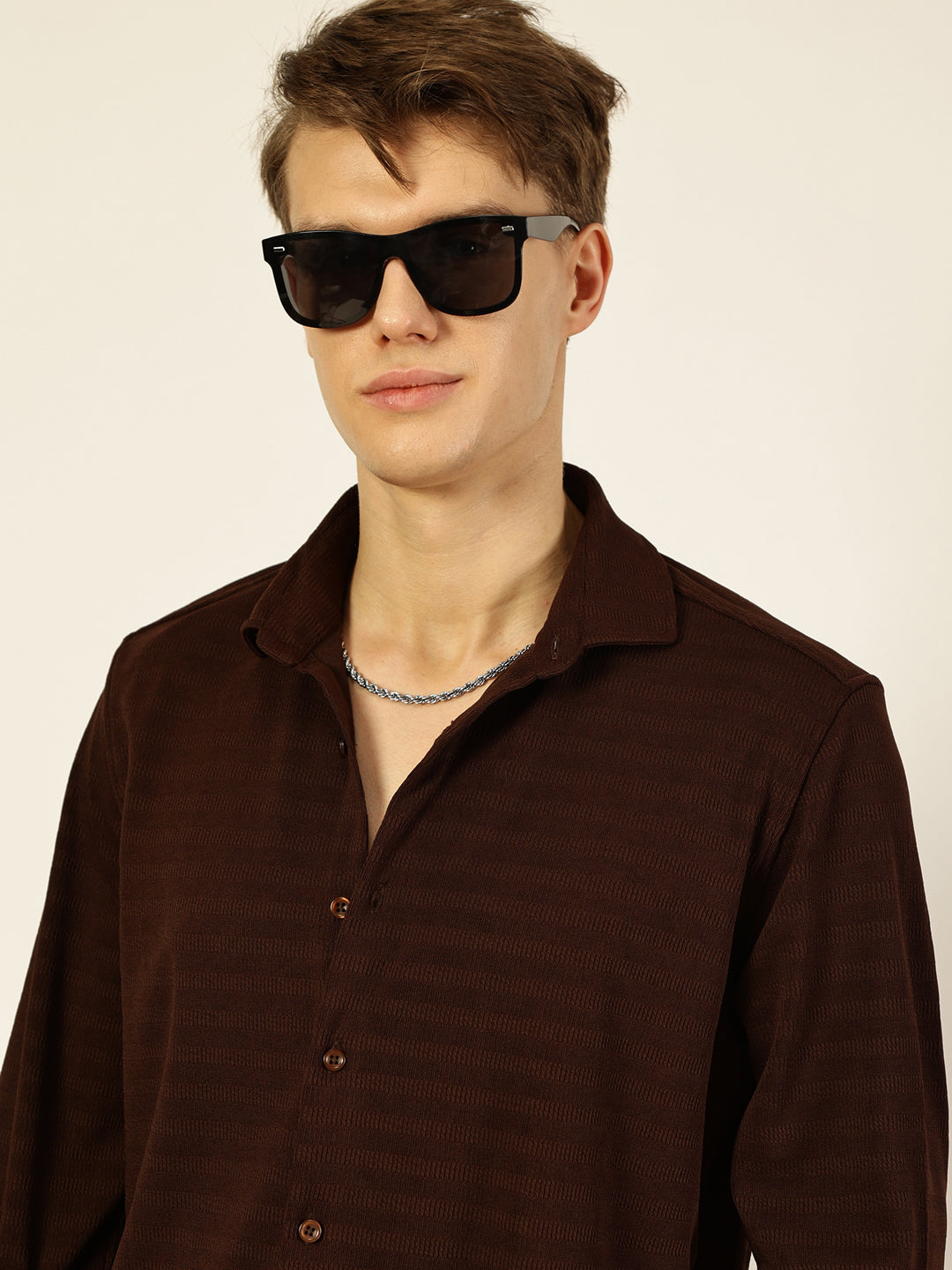 Thomas Scott Men Brown Premium Regular Fit Long Sleeves Spread Collar Textured Casual Shirt
