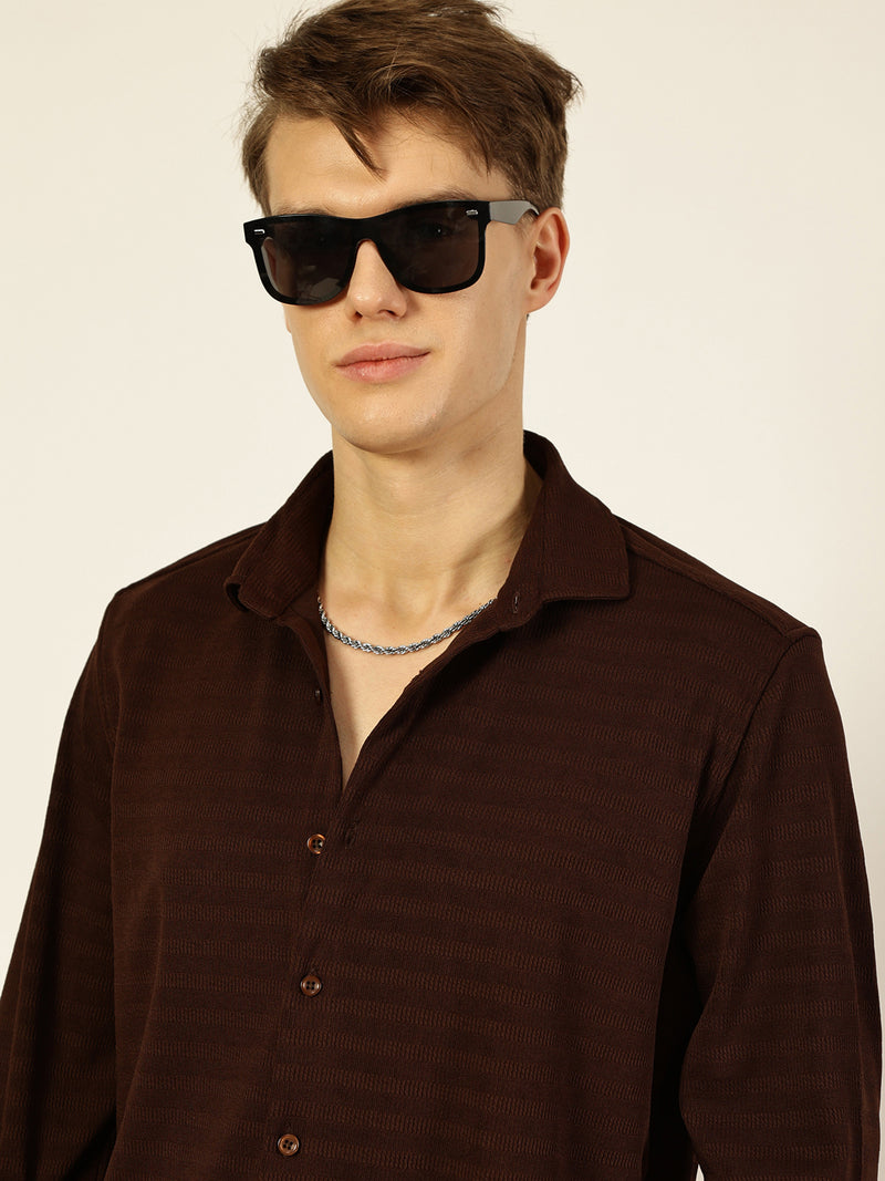 Thomas Scott Men Brown Premium Regular Fit Long Sleeves Spread Collar Textured Casual Shirt