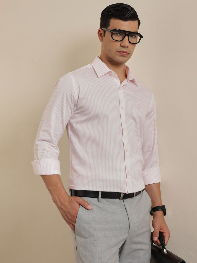 Thomas Scott Men Premium Pink Vertical Stripes Cotton Formal Shirt with Spread Collar & Full Sleeves