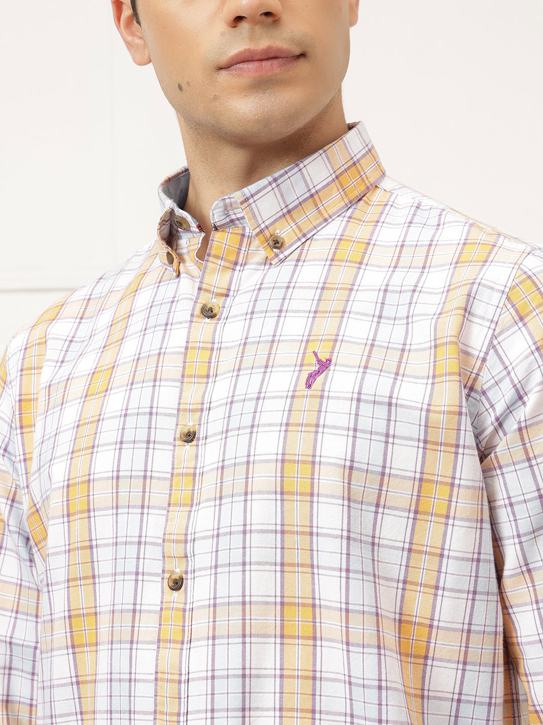 White Premium Regular Fit Tartan Checks Cotton Oxford Shirt For Men