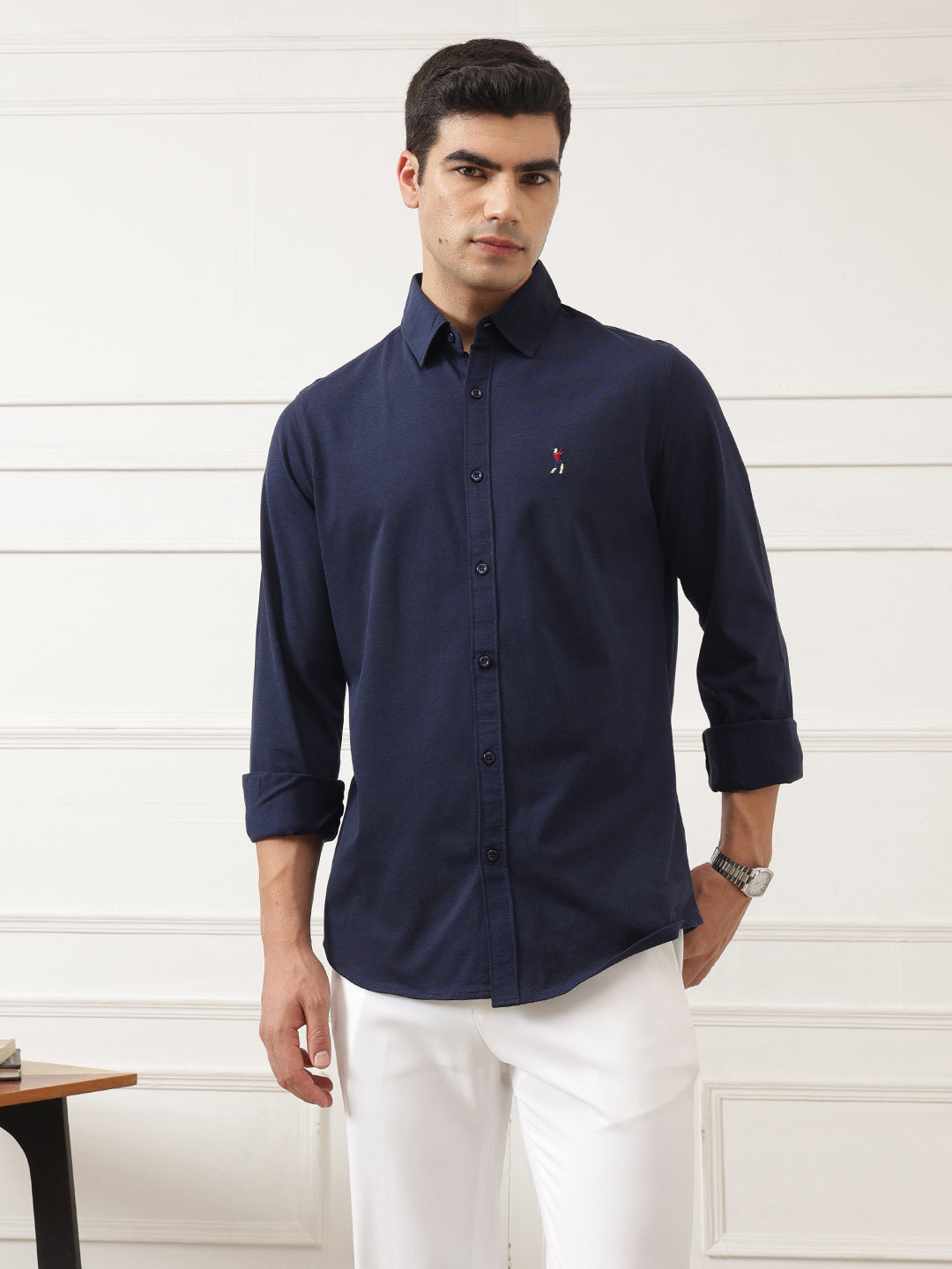 Navy Premium Regular Fit Spread Collar Full Sleeve Solid Cotton Casual Shirt For Men