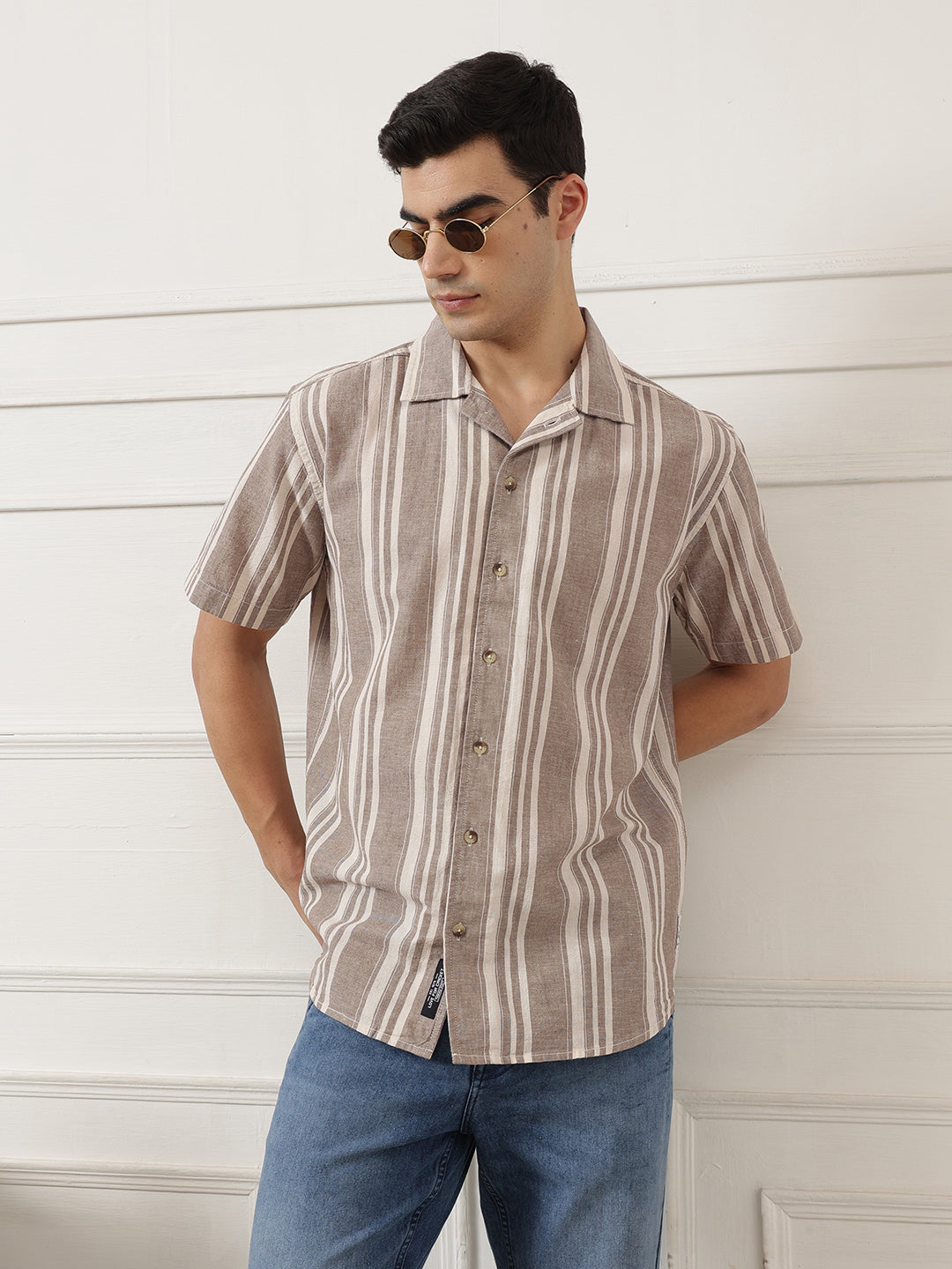 Brown Oversized Fit Vertical Stripes Cuban Collar Cotton Linen Casual Shirt For Men