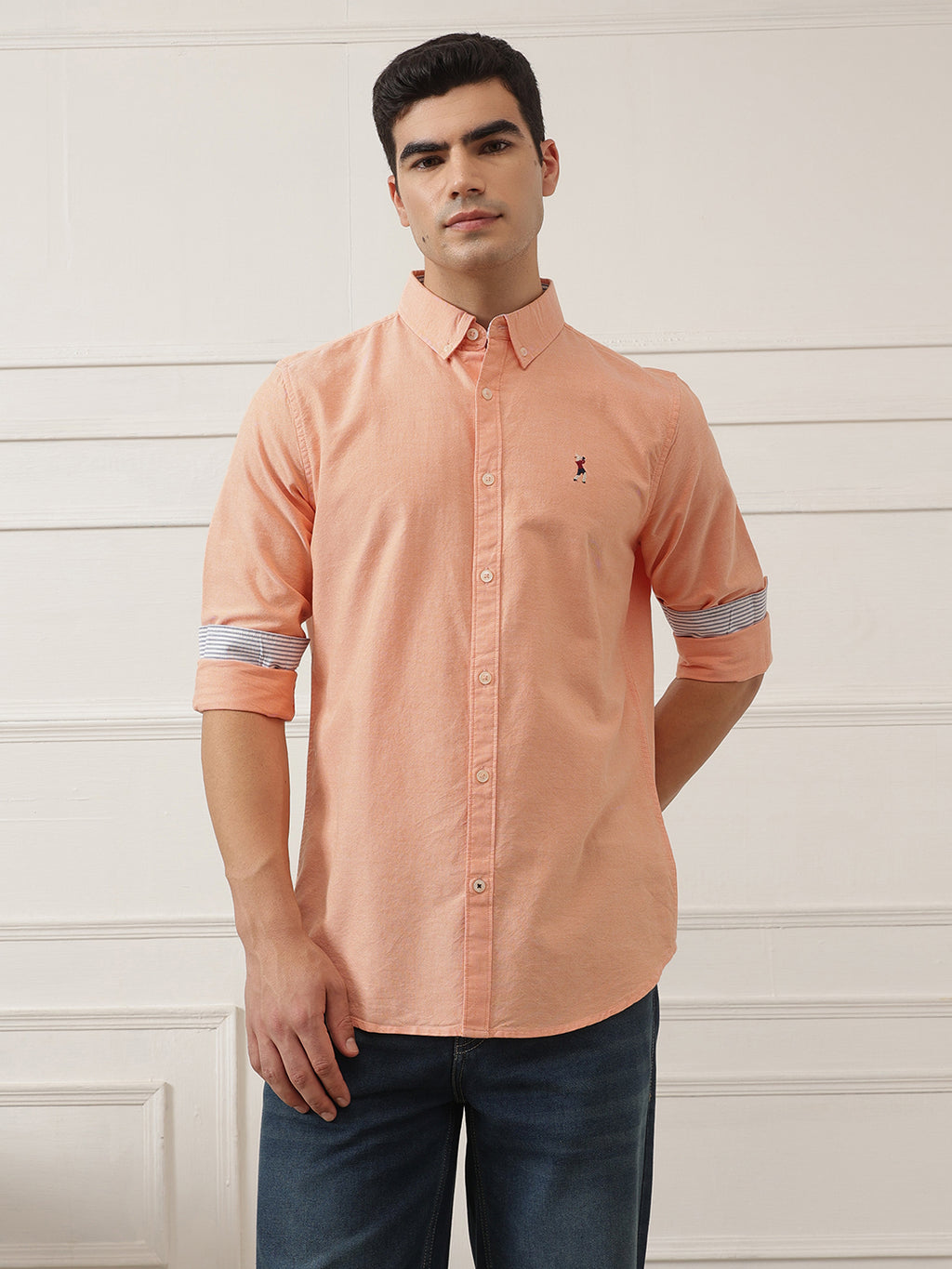 Orange 2 Premium Regular Fit Button-Down Collar Solid Pure Cotton Casual Shirt For Men