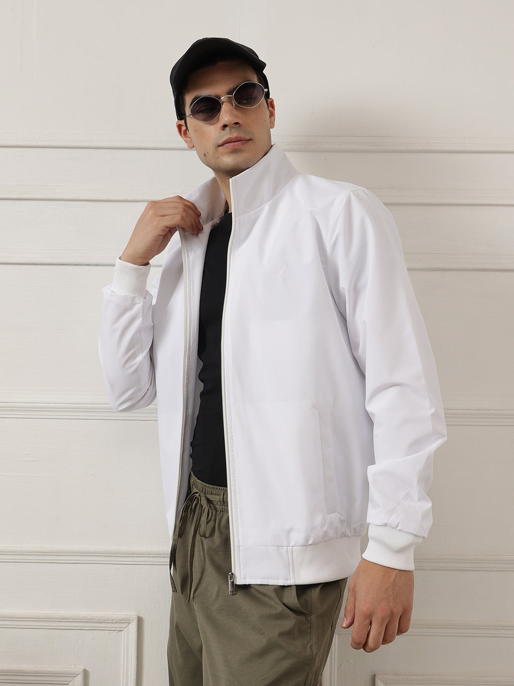 White Regular Fit Solid Full Sleeves Stand Collar Zip-Front Casual Bomber Jacket For Men