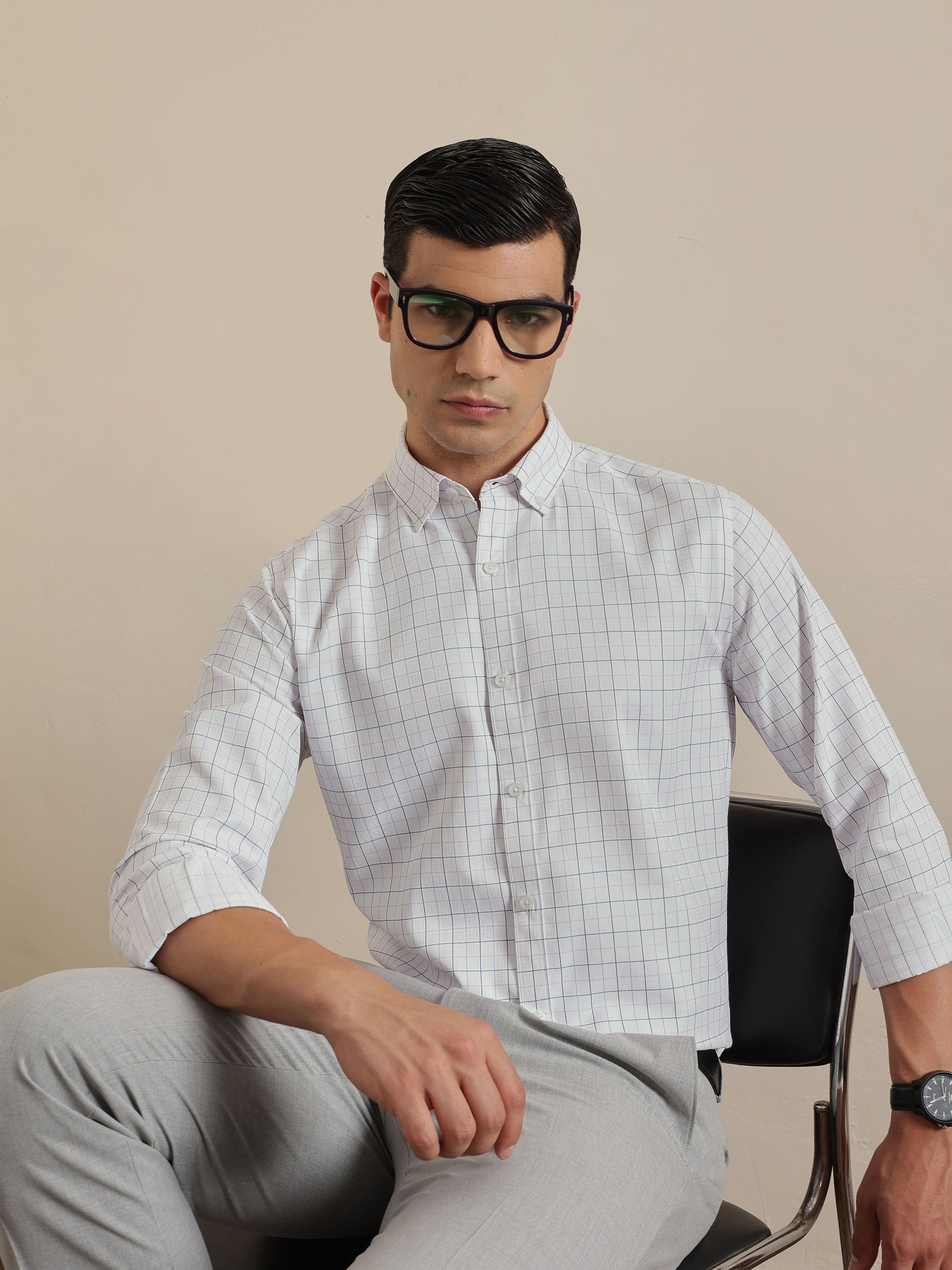 Thomas Scott Men Smart White Regular Fit Long Sleeves Button Down Collar Windowpane Checks Formal Shirt