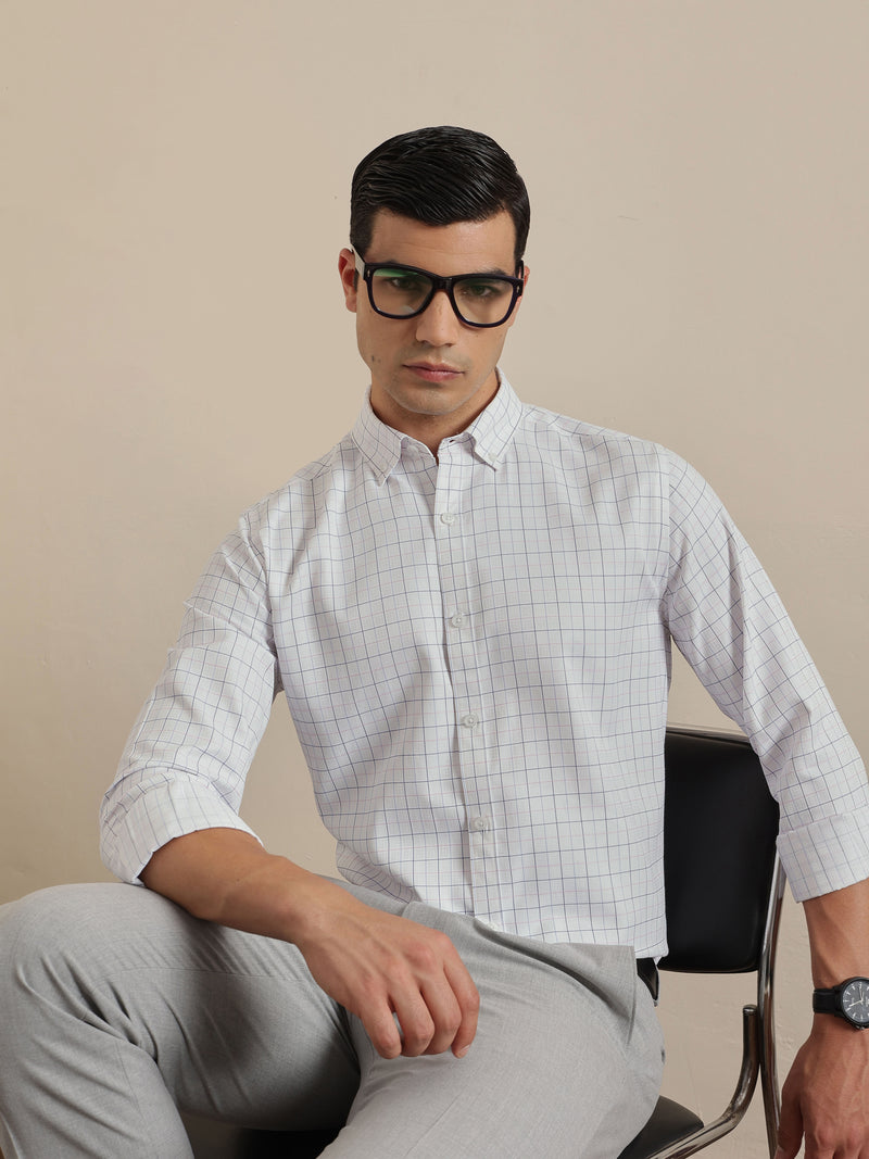 Thomas Scott Men Smart White Regular Fit Long Sleeves Button Down Collar Windowpane Checks Formal Shirt