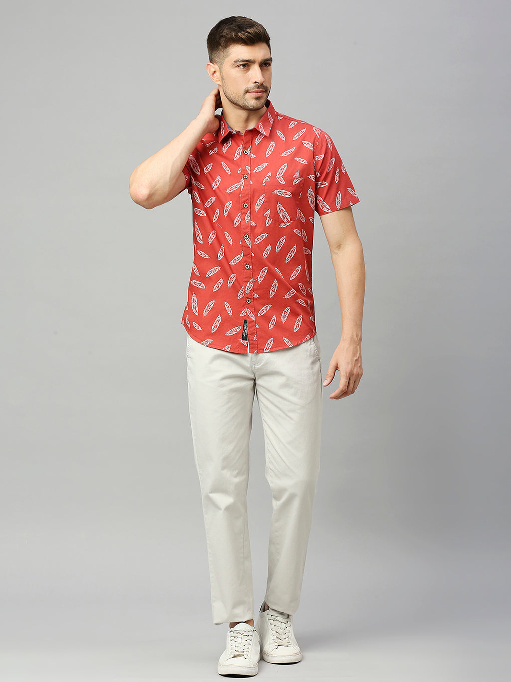 Thomas Scott Men Coral Classic Short Sleeves Slim Fit Spread Collar Floral Printed Cotton Casual Shirt