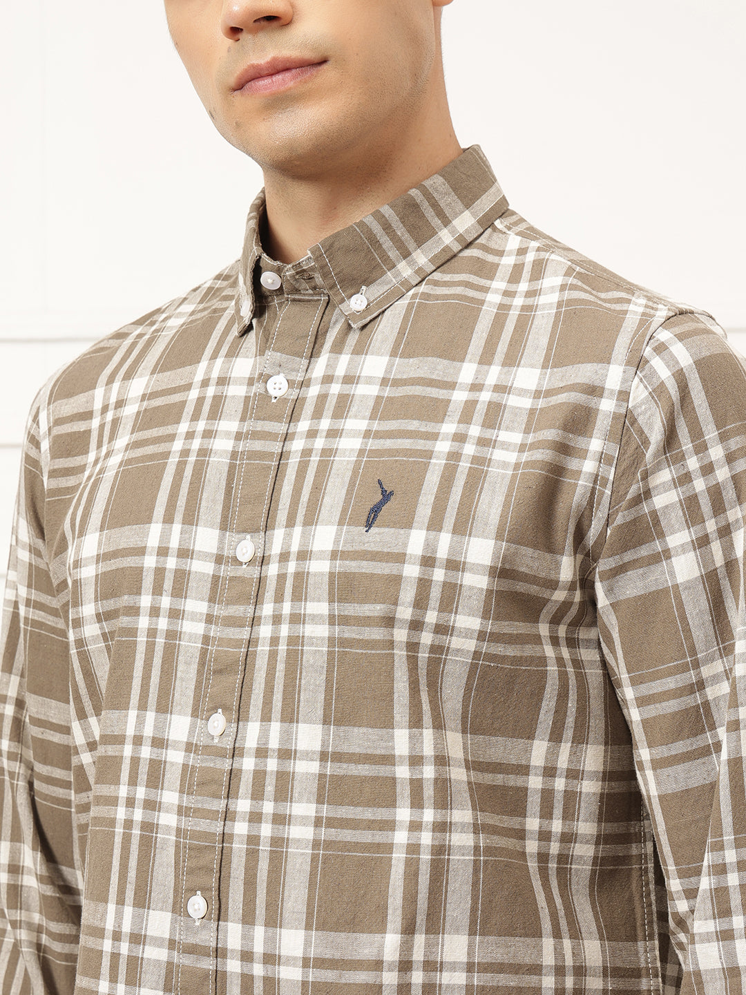 Brown Premium Regular Fit Tartan Checks Cotton Linen Shirt For Men