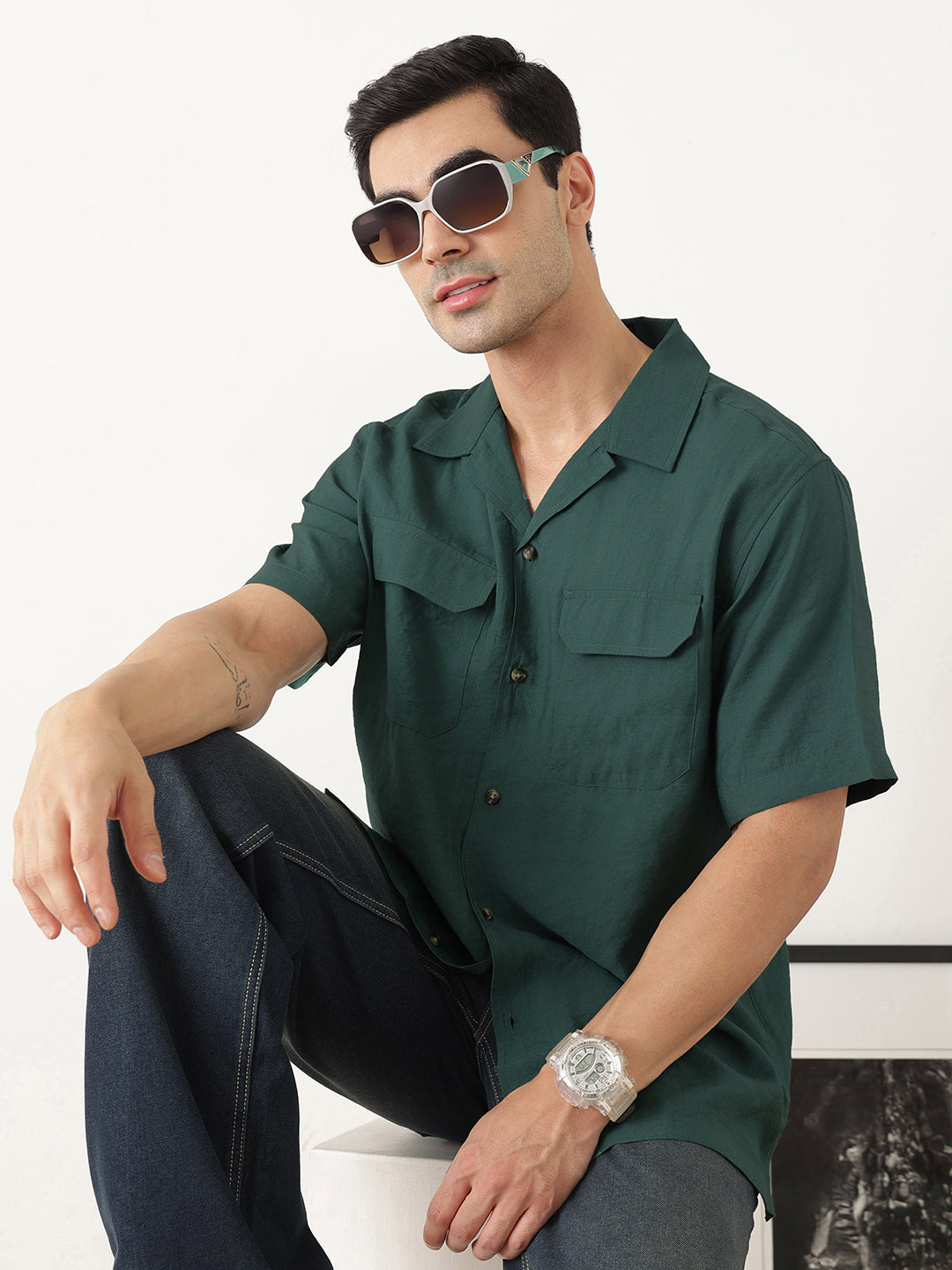 Thomas Scott Men Premium Green Oversize Fit Short Sleeves Cuban Collar Textured Casual Shirt
