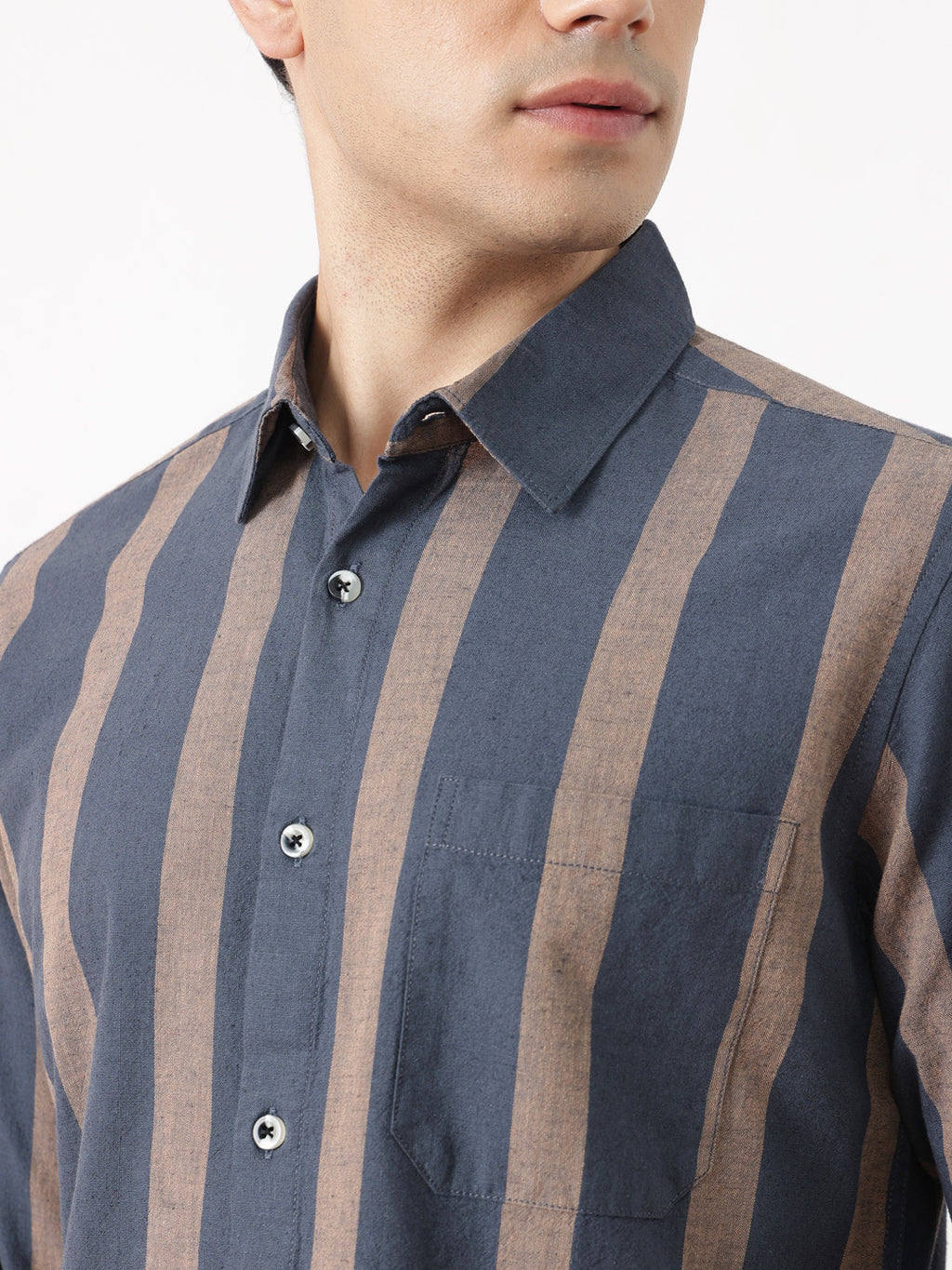 Navy Regular Fit Long Sleeves Spread Collar Wide Striped Cotton Linen Casual Shirt For Men
