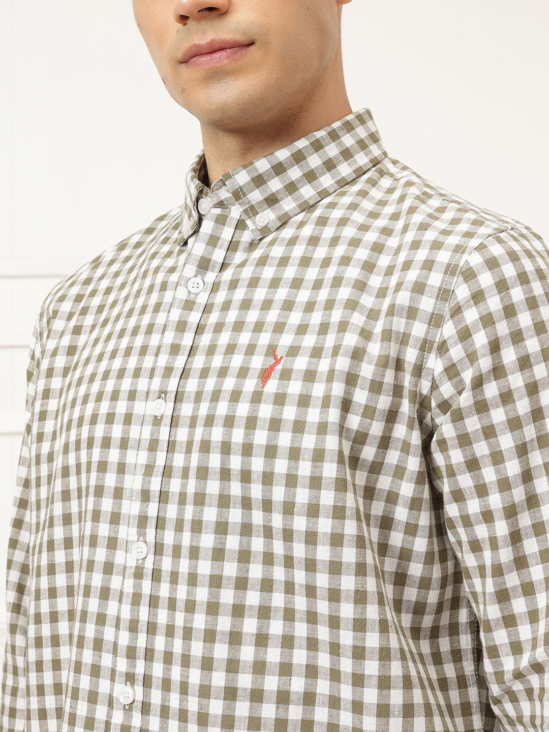 Brown Premium Regular Fit Gingham Checks Cotton Linen Shirt For Men