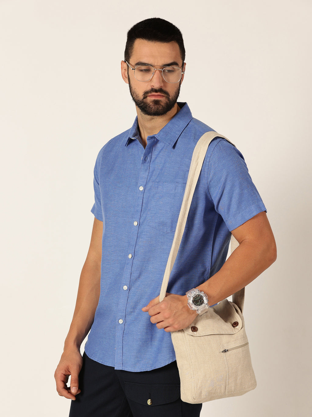 Thomas Scott Men Blue Premium Slim Fit Short Sleeves Spread Collar Solid Cotton Linen Casual Shirt