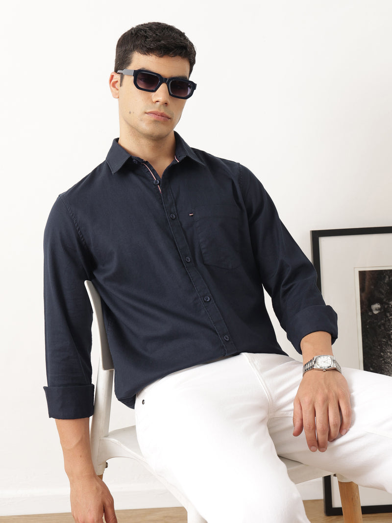 Thomas Scott Men Relaxed Navy Slim Fit Long Sleeves Spread Collar Solid Cotton Casual Shirt